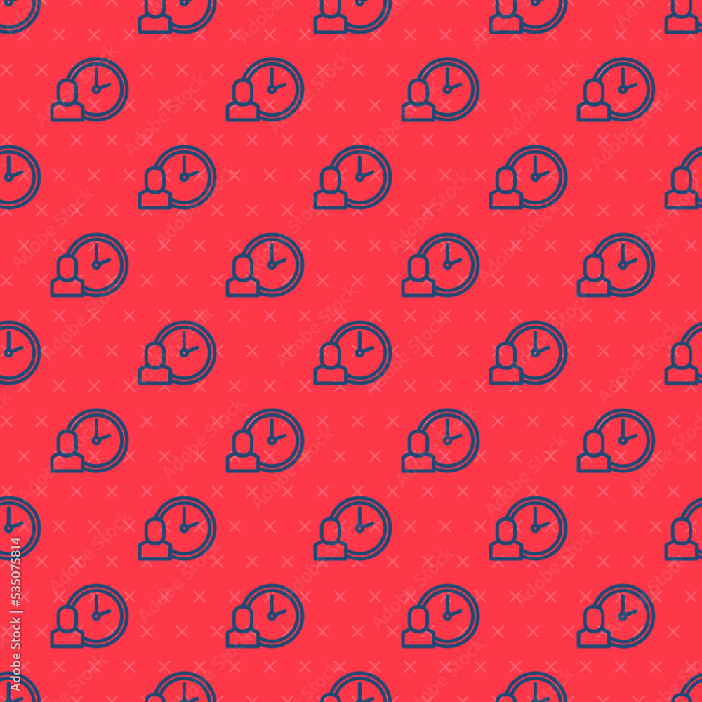 Poster blue line work time icon isolated seamless pattern on red background. office worker. working hours. 