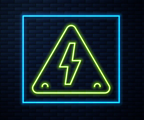 Glowing neon line High voltage sign icon isolated on brick wall background. Danger symbol. Arrow in triangle. Warning icon. Vector