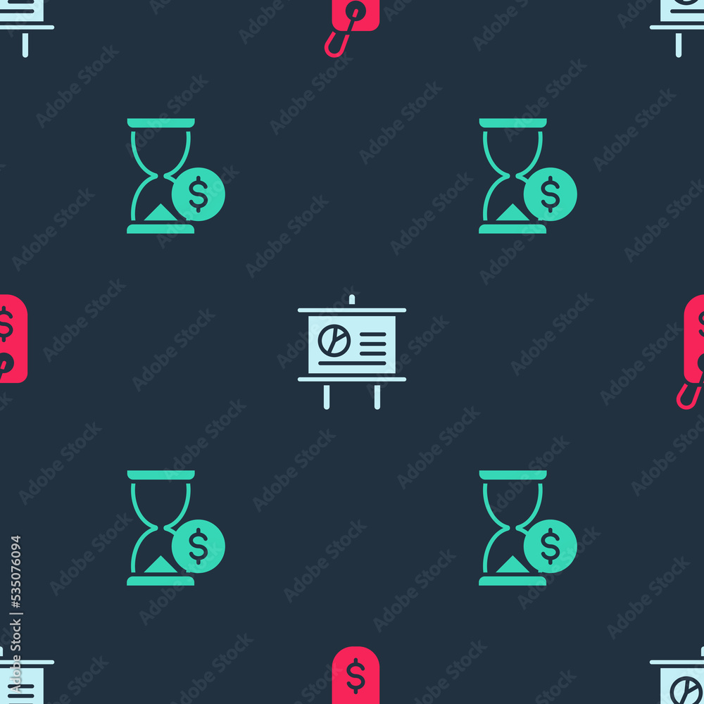 Poster set price tag with dollar, chalkboard diagram and hourglass on seamless pattern. vector