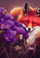 Obraz premium Drawing of a fox in beautiful flowers