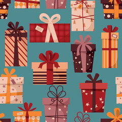 Seamless pattern for the holidays, New Year and Christmas with cute gift boxes on a blue background. Baby background for fabric, wrapping paper, textile, packaging, wallpaper and clothing. 