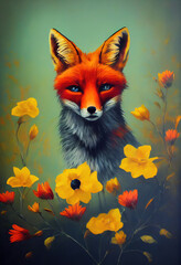 Obraz premium Drawing of a fox in beautiful flowers