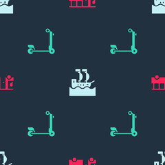 Set Bus, Sailboat and Scooter on seamless pattern. Vector