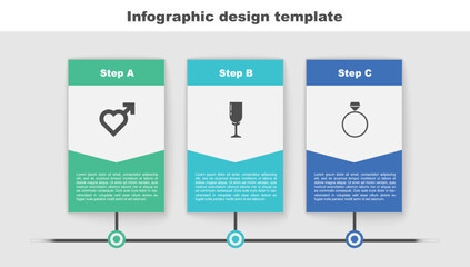 Set Heart with male gender, Glass of champagne and Diamond engagement ring. Business infographic template. Vector