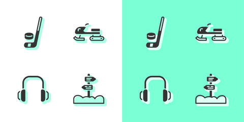 Set Road traffic signpost, Ice hockey stick and puck, Winter headphones and Snowmobile icon. Vector