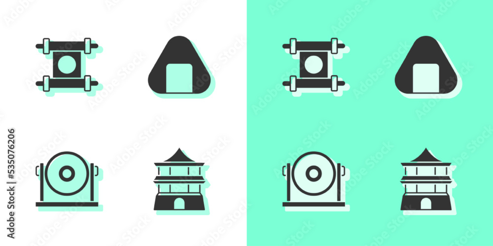 Wall mural Set Chinese house, Decree, paper, parchment, scroll, Gong and Sushi icon. Vector