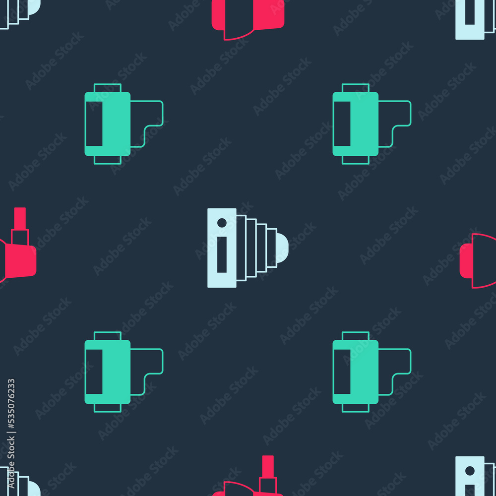 Poster set softbox light, photo camera and camera roll cartridge on seamless pattern. vector