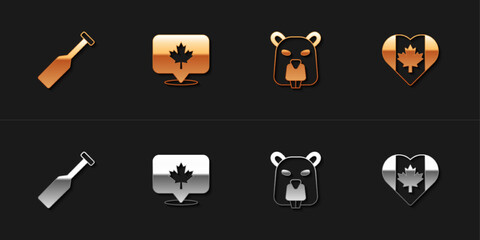 Set Paddle, Canadian maple leaf, Beaver animal and Heart shaped Canada flag icon. Vector © Kostiantyn