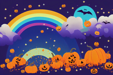 Sky with rainbow for Halloween night, with orange pumpkins