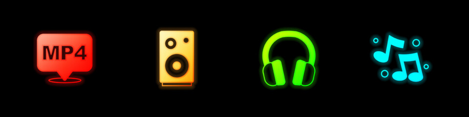 Set MP4 file document, Stereo speaker, Headphones and Music note, tone icon. Vector