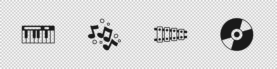 Set Music synthesizer, note, tone, Xylophone and Vinyl disk icon. Vector