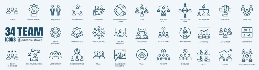 Teamwork or team icon with editable stroke pictogram and minimal thin line web illustration set. Outline icons collection. Simple vector image. - obrazy, fototapety, plakaty