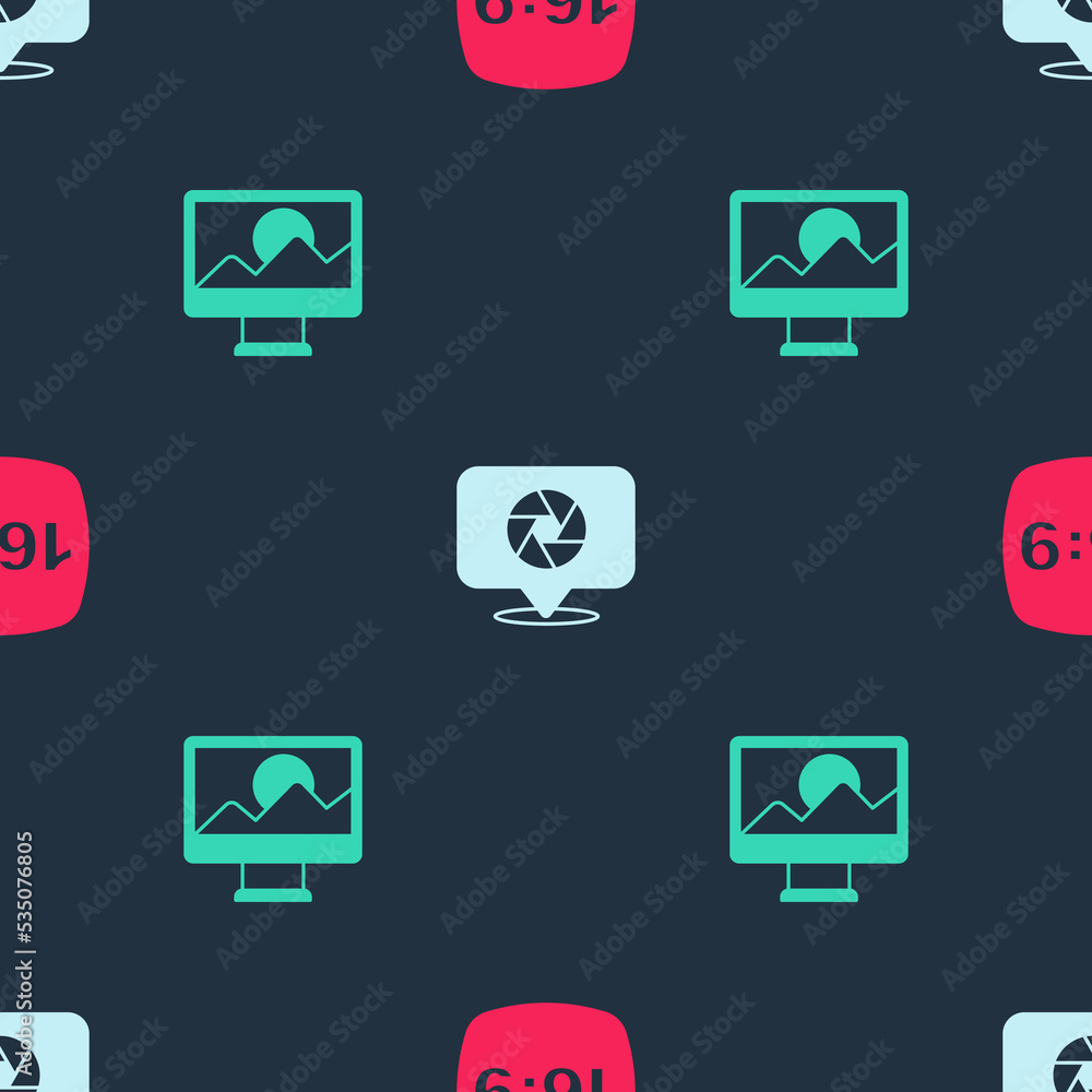Poster set photo frame 16, camera shutter and retouching on seamless pattern. vector