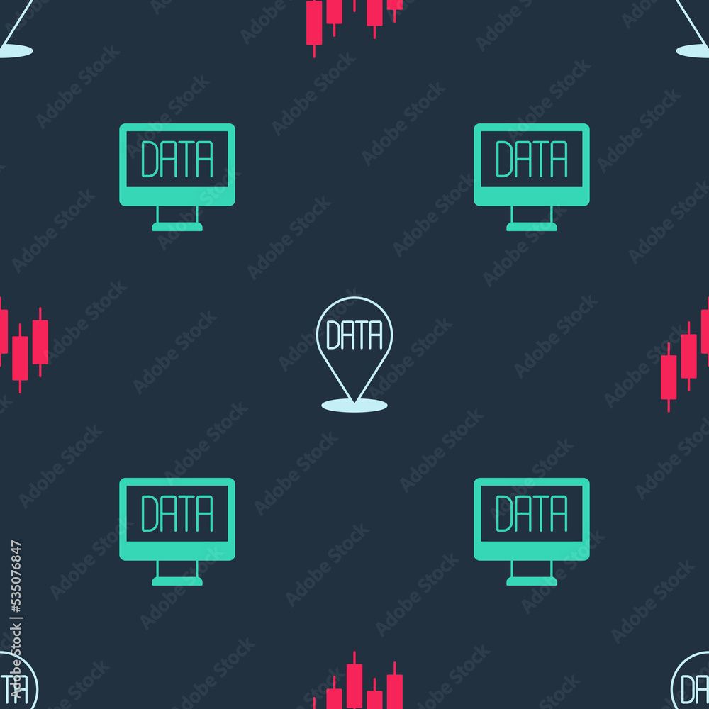 Aufkleber set browser with stocks market, data analysis and on seamless pattern. vector