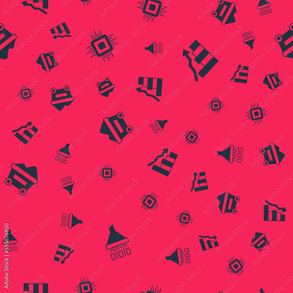 Aufkleber set binary code, processor cpu, coal mine trolley and financial growth decrease on seamless pattern.