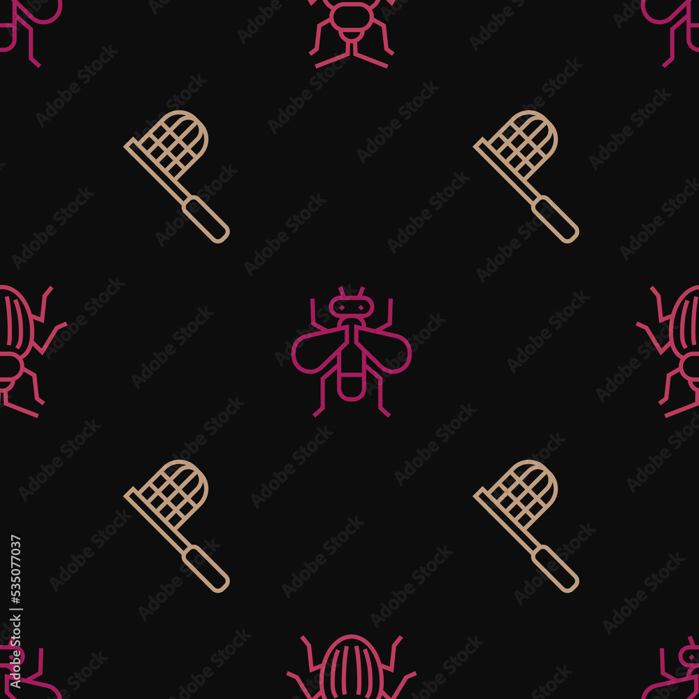 Aufkleber set line chafer beetle, butterfly net and insect on seamless pattern. vector