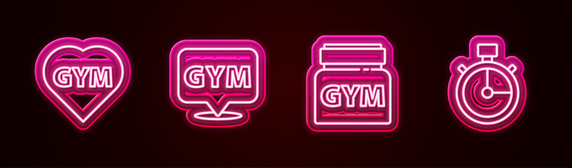 Set line Fitness gym heart, Location, Sports nutrition and Stopwatch. Glowing neon icon. Vector