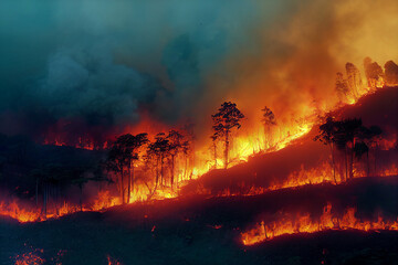 Amazon forest Burning in Wildfire Global Warming Deforestation Higher Temperatures Illustration 