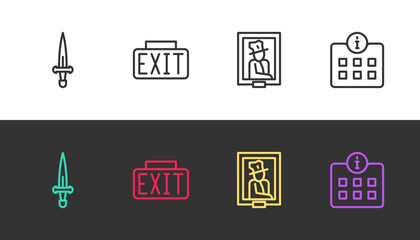 Set line Dagger, Exit sign, Portrait in museum and Information on black and white. Vector