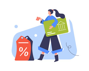 Woman shopper hold big discount coupon and buy in online store or shop on sale presents or gifts through mobile applecation. Concept of online shopping or e-commerce web banner, website advertisement