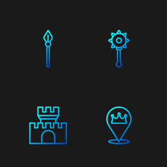 Set line Location king crown, Castle, fortress, Medieval spear and chained mace ball. Gradient color icons. Vector