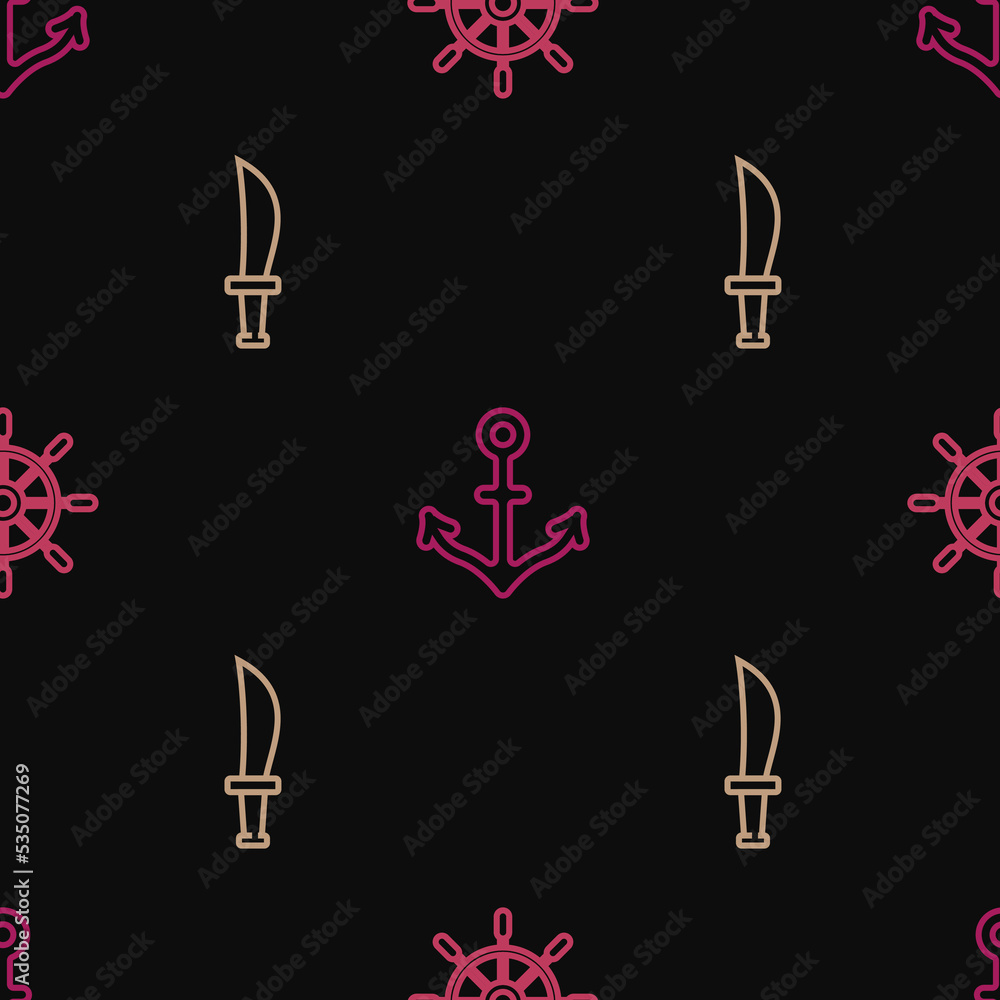 Poster set line ship steering wheel, pirate sword and anchor on seamless pattern. vector