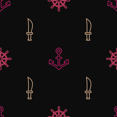 Set line Ship steering wheel, Pirate sword and Anchor on seamless pattern. Vector