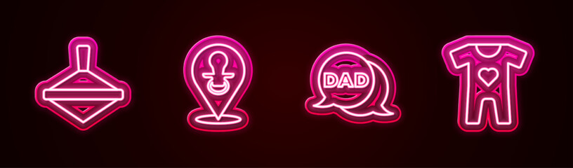 Set line Whirligig toy, Baby dummy pacifier, Speech bubble dad and clothes. Glowing neon icon. Vector