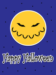 Halloween postcard. Smiling moon. Bat smile. Cartoon flat vector illustration