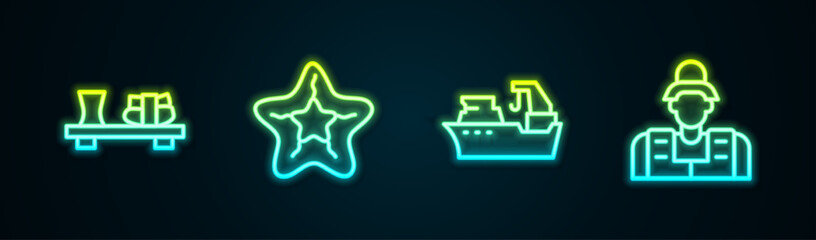 Set line Sushi on cutting board, Starfish, Fishing boat and Fisherman. Glowing neon icon. Vector