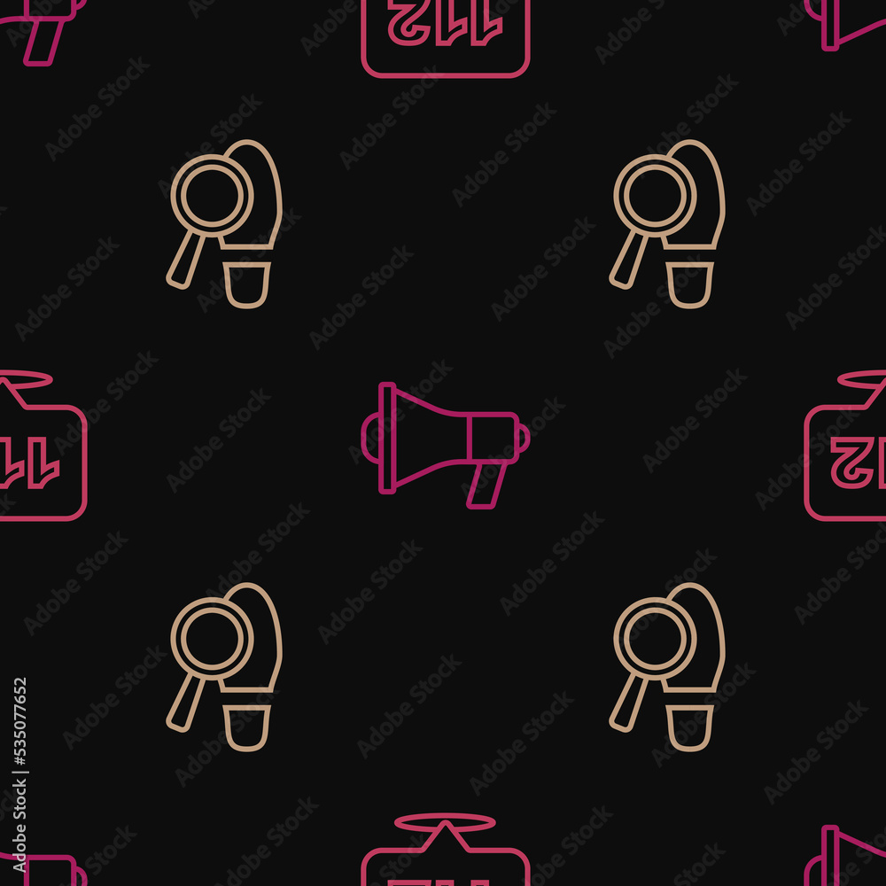 Poster Set line Telephone call 112, Footsteps and Megaphone on seamless pattern. Vector