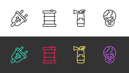 Set line Radiation electrical plug, Radioactive waste in barrel, Fire extinguisher and Planet earth and radiation on black and white. Vector