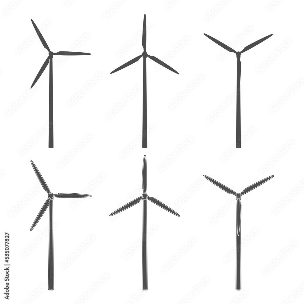 Poster set of black and white illustrations with a wind turbine, windmill. isolated vector objects on a whi