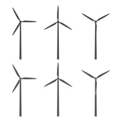 Set of black and white illustrations with a wind turbine, windmill. Isolated vector objects on a white background.