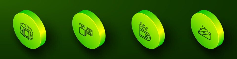 Set Isometric line Mine entrance, Handle detonator, Conveyor belt carrying coal and icon. Vector