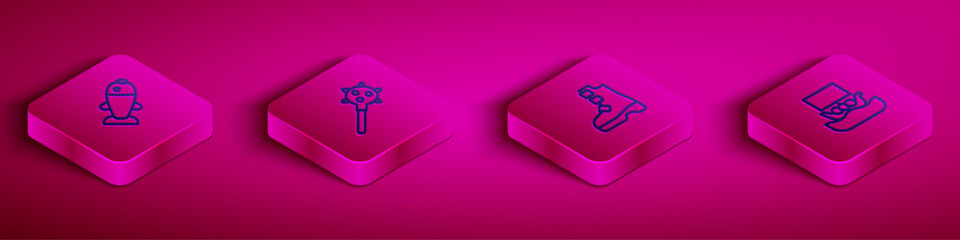 Set Isometric line Fish, Mace with spikes, Ancient viking boots and Viking ship Drakkar icon. Vector