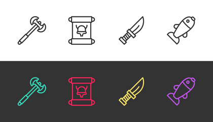 Set line Medieval poleaxe, Decree, parchment, scroll, Dagger and Fish on black and white. Vector