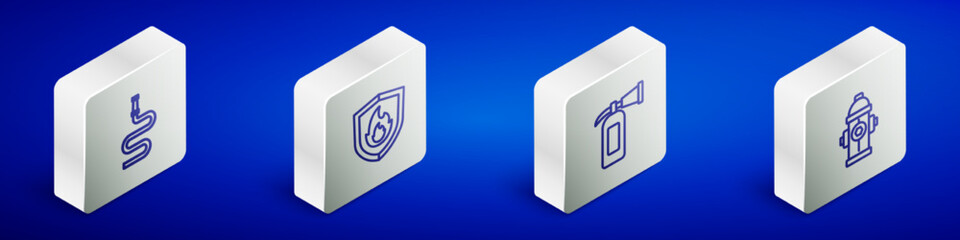 Set Isometric line Fire hose reel, protection shield, extinguisher and hydrant icon. Vector
