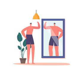 Distorted Inadequate Perception Concept. Skinny Man Look At Mirror Reflection And Dreaming To Be Strong Male Character