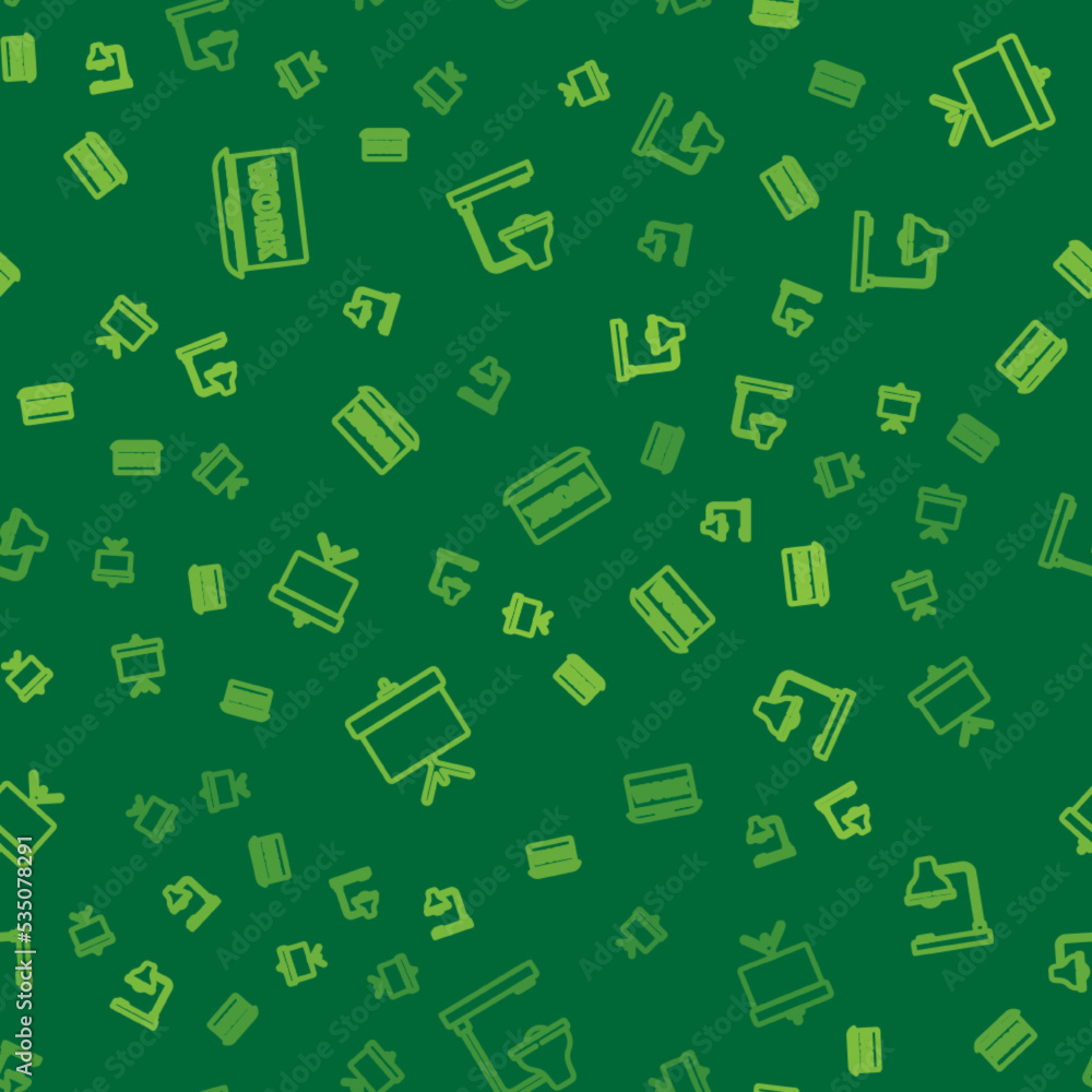 Poster set line laptop with text work, chalkboard diagram and table lamp on seamless pattern. vector