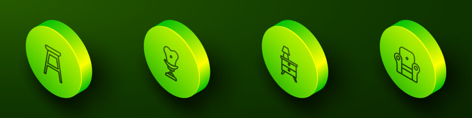 Set Isometric line Chair, Armchair, Nightstand with lamp and icon. Vector