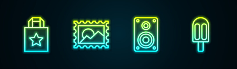 Set line Paper shopping bag, Postal stamp, Stereo speaker and Ice cream. Glowing neon icon. Vector