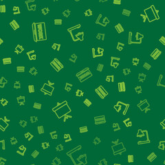 Set line Laptop with text work, Chalkboard diagram and Table lamp on seamless pattern. Vector
