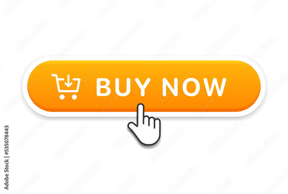 Poster 3d buy now orange button with hand cursor. button hand pointer clicking. click here banner with shad
