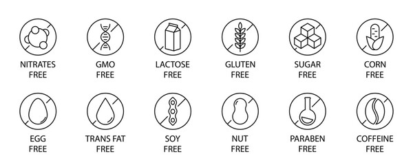 Allergen free ingredients. Allergen free products. Products warning symbols. Nitrates,  GMO, lactose, gluten, sugar, corn, egg, trans fat, soy, nut, paraben, coffeine free signs.