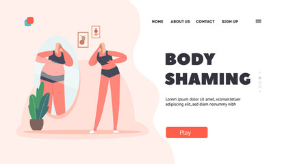 Body Shaming Landing Page Template. Thin Girl Look In Mirror And Sees Herself Fat. Eating Disorder, Weight Loss