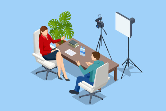 Isometric Video Blogger Records Content In His Studio, Live Streaming, Broadcast concept. Video Streaming Podcast. Online Video. Male and Female Social Media Network Bloggers.