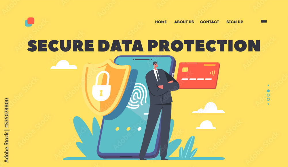 Poster secure data protection landing page template. credit card check and software for confidential access