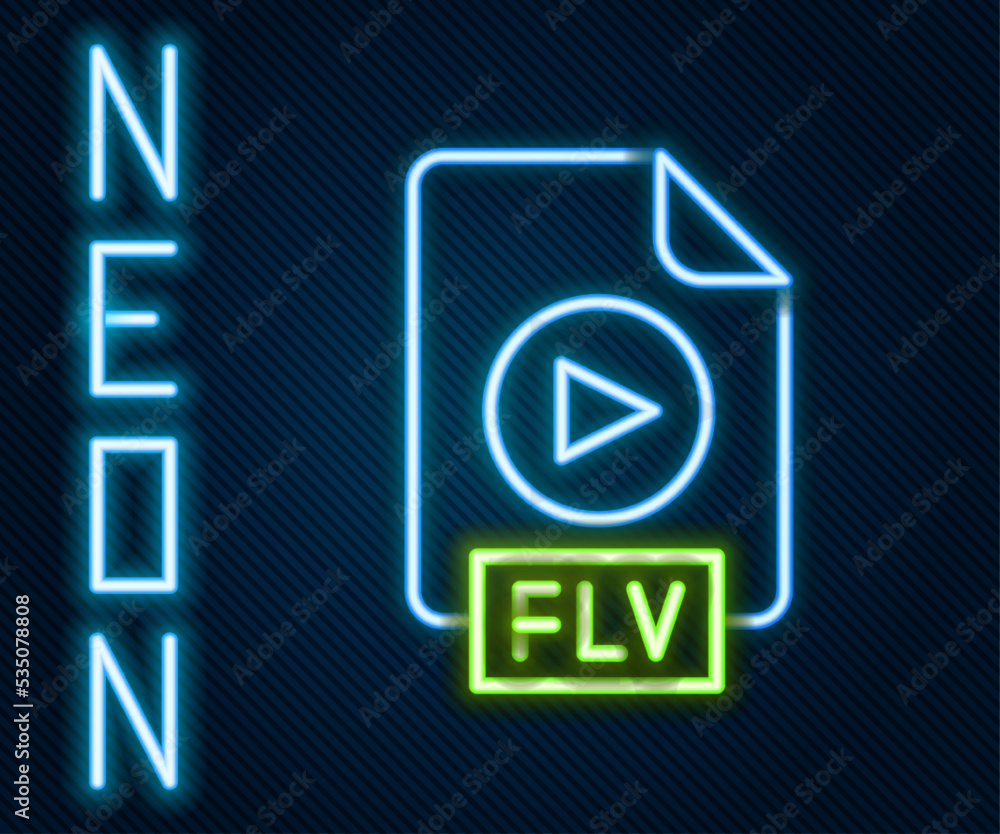 Poster glowing neon line flv file document video file format. download flv button icon isolated on black ba