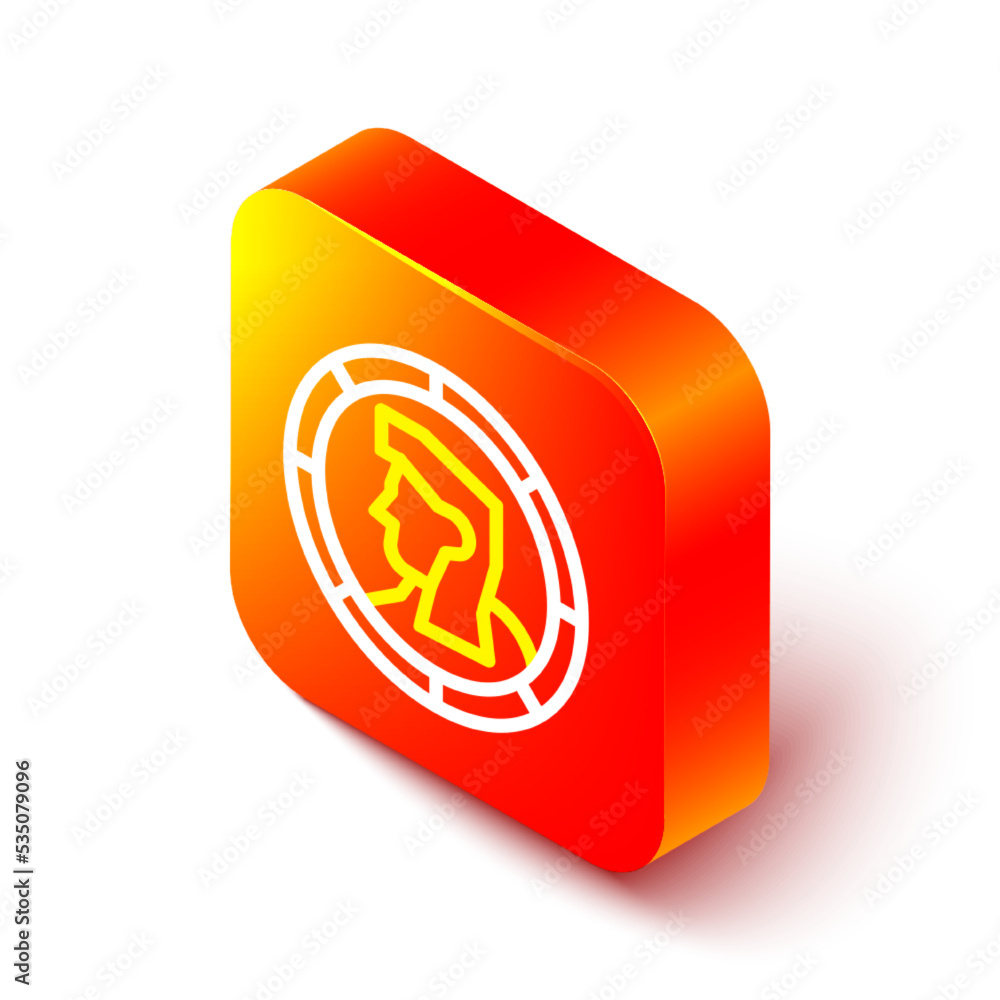 Poster isometric line ancient coin icon isolated on white background. orange square button. vector